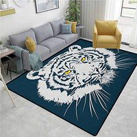 Tiger Fruit Rug Pads, Aggressive Depiction of a Giant Furry Feline Majestic Animal Mascot of , Durable Rugs - Living, Dinning, Office, Rooms & Bedrrom, Hallway Carpet(6'x 9') Petrol Blue White
