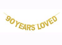 Qibote Gold Glitter 90 Years Loved Banner for 90th Birthday, 90 Wedding Anniversary Party Decorations