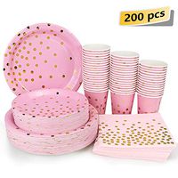 Pink and Gold Party Supplies - 200PCS Disposable Pink Paper Plates Dinnerware Set Gold Dots 50 Dinner Plates 50 Dessert Plates 50 9oz Cups 50 Napkins Wedding Birthday Party Baby Shower Christmas