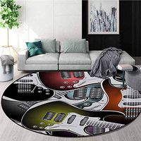 Popstar Party Art Deco Pattern Non-Slip Backing Machine Washable Round Area Rug,Pile of Graphic Colorful Electric Guitars Rock Music Stringed Instruments Floor Mat Home Decor,Diameter-47 Inch