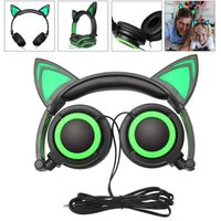 Wired Headphones Over-Ear Foldable Cat Ear Earphones with LED Light For Girls,Children.Compatible for Mp3 Mp4 player,iPhone 6S,Android Phone (green)
