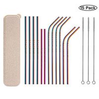 15 Pack Sainless Steel Straws Set for 30oz 20oz Tumblers Cups Reusable Metal Drinking Straws Set with Cleaning Brush and Linen(6 Straight + 6 Bent + 3 Brushes+ Linen Bag)