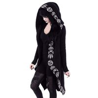 Black Long Hooded Cardigan Large Cape Cloak Coat Jacket Plus Size Coat Halloween Long Sleeve Punk Moon Print LONGDAY