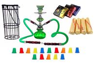 Zebra Smoke Series: 11" 2 Hose Pumpkin Hookah with Cage- Complete Set- Combo KIT SET w/ Instant Charcoal (Like Three Kings Charcoal), Hydro Herbal Molasses(like Blue Mist), and Hookah Mouth Tips (Pick Your Color) (Green)