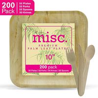 [New, 2020 Product] Palm Leaf Plates 10" Square 200 Pack (50 Plates, 50 Forks, 50 Knives, 50 Spoons),Wooden Cutlery Bundle, Heavy Duty Biodegradable, Disposable, Compostable, FDA Approved