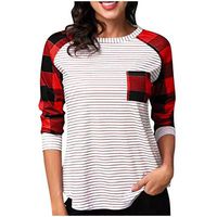 Ros1ock Women's Blouse O-Neck Plaid Patchwork T- Shirts Striped Chest Pocket Sweatshirt Daily Tops Red