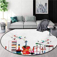 RUGSMAT Music Round Rug,Colorful Musical Instruments Keyboard Guitar Banjo Trumpet Cello and Flying Birds Carpet Door Pad for Bedroom/Living Room/Balcony/Kitchen Mat,Round-51 Inch
