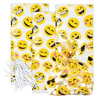 100 Emoji Cellophane Bag Plastic Treat Favor Bags Assorted Emojis Birthday Party Supplies Decorations for Girls & Boys Classroom Treats, Rewards, Carnivals, Games, Candy Goodie Grab Bag -Gift Boutique