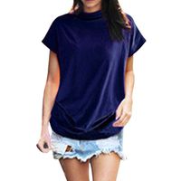 New in Summer Haalife◕‿Women Turtleneck Short Sleeve Top Fashion Irregular Blouse T Shirt Casual Oversize Tunic Tops Blue
