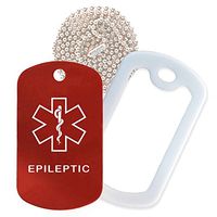Epileptic Medical Alert ID Necklace with Red Tag, White Silencer, and 30'' USA Chain - 154 Color Choices
