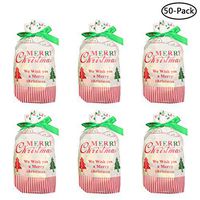 Faylapa 50 Pcs Christmas Drawstring Gift Bags Cellophane Goody Sweet Treat Candy Bags for Xmas Birthday Party Supplies Favors