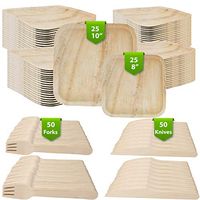150Ct Eco Friendly Biodegradable Plates Palm Leaf Dinnerware, 25 10In Palm Leaf Disposable Plates, 25 8In Palm Leaf Plates, 50 Wood Forks, 50 Wood Knives