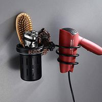 European Retro Aluminum Hair Dryer Rack, Wall Mount, Bathroom Hair Dryer Holders with Storage Cup, Adhesive Hair Care & Styling Tool Organizer for Home Hotel (Color : Black)