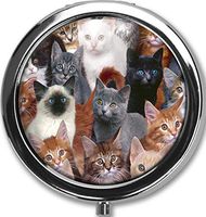 Cats Design New Silver Round Pill Box Decorative Metal Medicine Vitamin Organizer Unique Gift