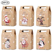 CCINEE 24 PCS Christmas Kraft Paper Bags, Kraft Cookies and Candy Bags Santa Claus Reindeer Xmas Folding Kraft Bags for Kids Party Favor Holiday New Year