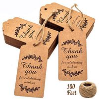 Paper Gift Tags Thank You for Celebrating with Us, Whaline 100 Pcs Paper Hang Tag for Thanksgiving Day, Wedding,Baby Shower with 100 Feet Natural Jute Twine (Leaves Brown)