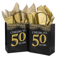 WRAPAHOLIC Medium Size Gift Bags - 25 Pack Cheers to 50 Years Black and Gold Glitter Paper Bags with Gold Tissue Paper for Birthday, Party, Anniversary, Wedding - 8" x 4" x 10"