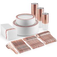 Plastic Dinnerware Set – 350pc Plastic Dinner Plates, Side Plates, Cups, Cutlery and Napkins – Fancy Disposable Tableware for Weddings, Events and Parties – Reusable Plastic Dinner Plates - Rose Gold