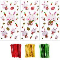 Boao 100 Pieces Easter Cellophane Bags Happy Easter Bunny Treat Party Bags Goodies Bags with 150 Pieces Twist Ties for Easter Party Supplies