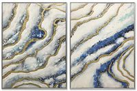 3Hdeko - 3D Blue Gold Abstract Wall Art Luxury Hand Painted Agate Geode Marble Texture Oil Painting for Home Living Room Bedroom Decoration, Large 2 Piece Silver Framed Canvas Artwork (48x32inch)
