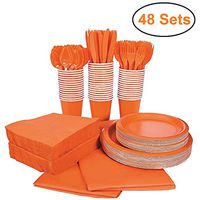 396 Piece Halloween Disposable Dinnerware Set, Serves 48, Orange Paper Party Plates and Cups, Tableware Includes Cutlery, Plastic Spoons/Forks/Knifes, Tablecloths and Napkins, Halloween Party Supplies