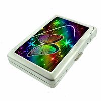 Rainbow Butterfly Em1 Hip Silver Cigarette Case With Built In Lighter 4.75" X 2.75" Id Holder Metal Wallet RFID Protection