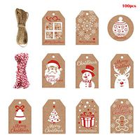 HERRA Christmas Gift Tags Kraft Paper Gift Tags Hang Labels with Cotton Twine -10 Designs of Snowflake Elk Christmas Trees Santa Claus Shapes for DIY Xmas Present