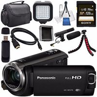 Panasonic HC-W570 HC-W570K HD Camcorder + Sony 128GB SDXC Card + Flexible Tripod + Carrying Case + Memory Card Wallet + Card Reader + Mini HDMI Cable + LED Light + Condenser Mic Bundle