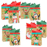Christmas Gift Bags Medium Size Kraft Paper with Wide Ribbon Handles and Tissue Paper (10 Green and 10 Red) Assorted Holiday Designs for Gift Giving & Xmas Party Favors (Set of 10 - Pictures)