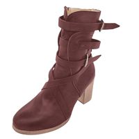 Dainzuy Womens Boots Buckle Biker Strappy Side Zipper Stacked Heel Distressed Shoes Leather Color Block Western Boot Coffee