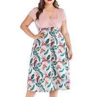 Cliramer Women's Casual V-Neck Print Pattern Casual Work Stretchy Plus Size Cocktail Party Swing Dresses Pink