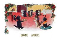 1932 French New Year~Happy Kitty Cats~Party~Drinks~Music~Dance~Old Fashioned Phonograph~Bonne Annee~6 pack NEW Matte Vintage Picture Large Blank Note Cards with Envelopes