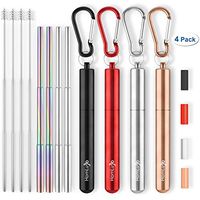 HomLujo 4 Pack Telescopic Rainbow Colored Metal Straws For Drinking -Its Reusable Portable Collapsible Straw of SS with Black, Red, Silver and Brown Case, Silicone Tip, Cleaning Brush and Keychain