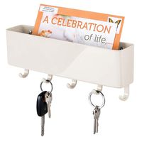 mDesign Wall Mount Plastic Mail Organizer Storage Basket - 5 Hooks - for Entryway, Mudroom, Hallway, Kitchen, Office - Holds Letters, Magazines, Coats, Keys - Cream/Beige