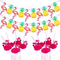 Jetec 2 Pack Flamingo Pineapple Banner Flamingo Party Banner Garland and 50 Pack Flamingo Straw Cocktail Drinking Plastic Straws for Summer Beach Wedding Birthday Table Decoration