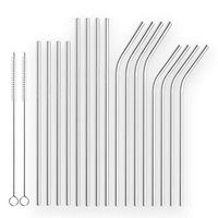 Berglander Reusable Stainless Steel Silver Drinking Straws Straight and Bent Metal Straws with Brushes for Milkshakes, Frozen Drinks, Smoothies, Bubble Tea, Set of 18