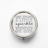 RhyNSky She Leaves A Little Sparkle Wherever She Goes Mini Portable Pocket Pill Box Case Holder for Purse, 3 Compartments, Silvery, C1374