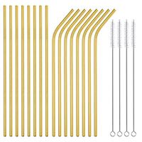 Sunwinc 24Pack Stainless Steel Metal Straws 8.5''Reusable Drinking Straws for 20oz Tumblers Yeti Mugs,Rustproof Eco-Friendly Dishwasher Safe (12 Straight+12 Bent+4 Brushes Free) (Gold Color-24Pack)