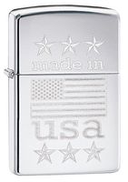Zippo Made in USA with Flag Pocket Lighter, High Polish Chrome