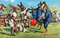 Uns.Thiele~Easter Bunny Rabbits Play Soccer w Red Easter Egg~6 pack NEW Matte Vintage Picture Large Blank Note Cards with Envelopes