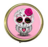 GDEE Cute Pink Day of the Dead Sugar Skull Owl Custom Fashion Stainless Steel Bronze Pill box Western Tablets Tablet Holder Management Case Pocket or Wallet