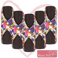 Sanitary Reusable Cloth Menstrual Pads by Heart Felt. 5 Pack Washable Natural Organic Napkins with Charcoal Absorbency Layer. Overnight Long Panty Liners for Comfort Support and Incontinence