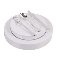 125-Piece Elegant Plastic Plates & Cutlery Set Service for 25 Disposable Place Setting Includes: 25 Dinner Plates, 25 Dessert Plates, 25 Forks, 25 Knives, 25 Spoons (White Round)
