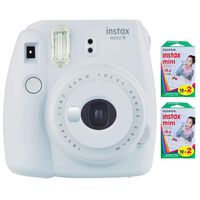 Fujifilm Instax Mini 9 Instant Camera (Smokey White) with 2 x Instant Twin Film Pack (40 Exposures) (Renewed)