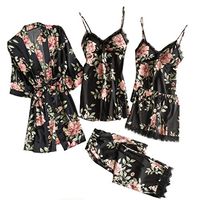 TIFENNY 5PCS Sexy Lace Satin Robe Bathrobe Cardigan Trousers Shorts Tops Lingerie Set Pajamas Sleepwear Lace Sleepdress