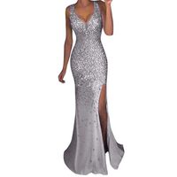 Pervobs Dress Pervobs Women Prom Party Ball Gown Gold Side Split Evening Bridesmaid Dress US: 4 Silver