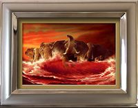 Comes The Tide - 9"x7" Framed Miniature Canvas Reproduction of Roberta Wesley's Original Art Shows Elephants Charging Toward The viewer in Crashing red sea Waves.
