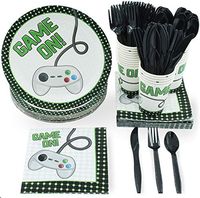 144 Piece Video Game Birthday Party Supplies - Serves 24 Game On Theme for Gamer Night, Boys, Kids, Comes with Paper Plates, Napkins, Cups and Cutlery