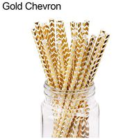 AkoMatial 25Pcs Disposable Biodegradable Paper Drinking Straws Supplies for Baby Shower Holiday Birthday Wedding Party Gold Chevron