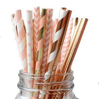 IPALMAY 150 Pieces Rose Gold and Pink Biodegradable Drinking Paper Straws, Striped Polka Dot Chevron, 7.75 Inches